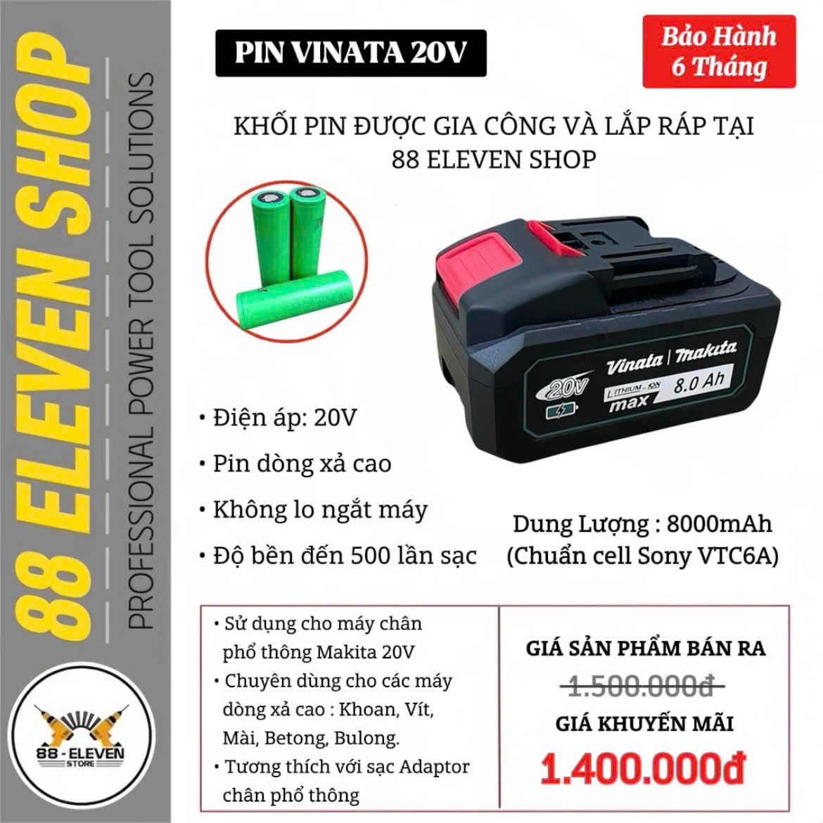 Pin Vinata Makita 20V Dung Lượng 8.0Ah (SN)