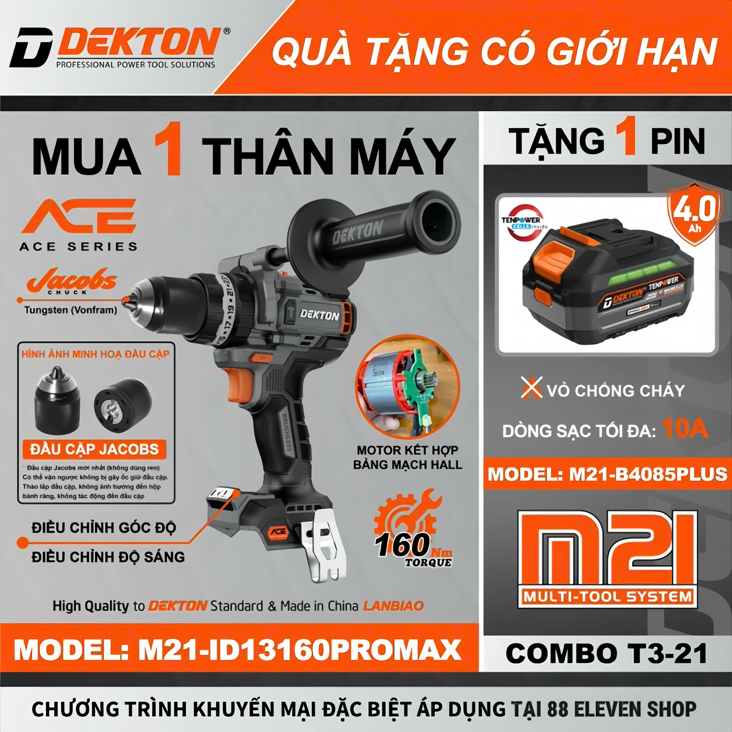 [Tặng Pin] Máy Khoan 21V Dekton M21-ID13160PROMAX