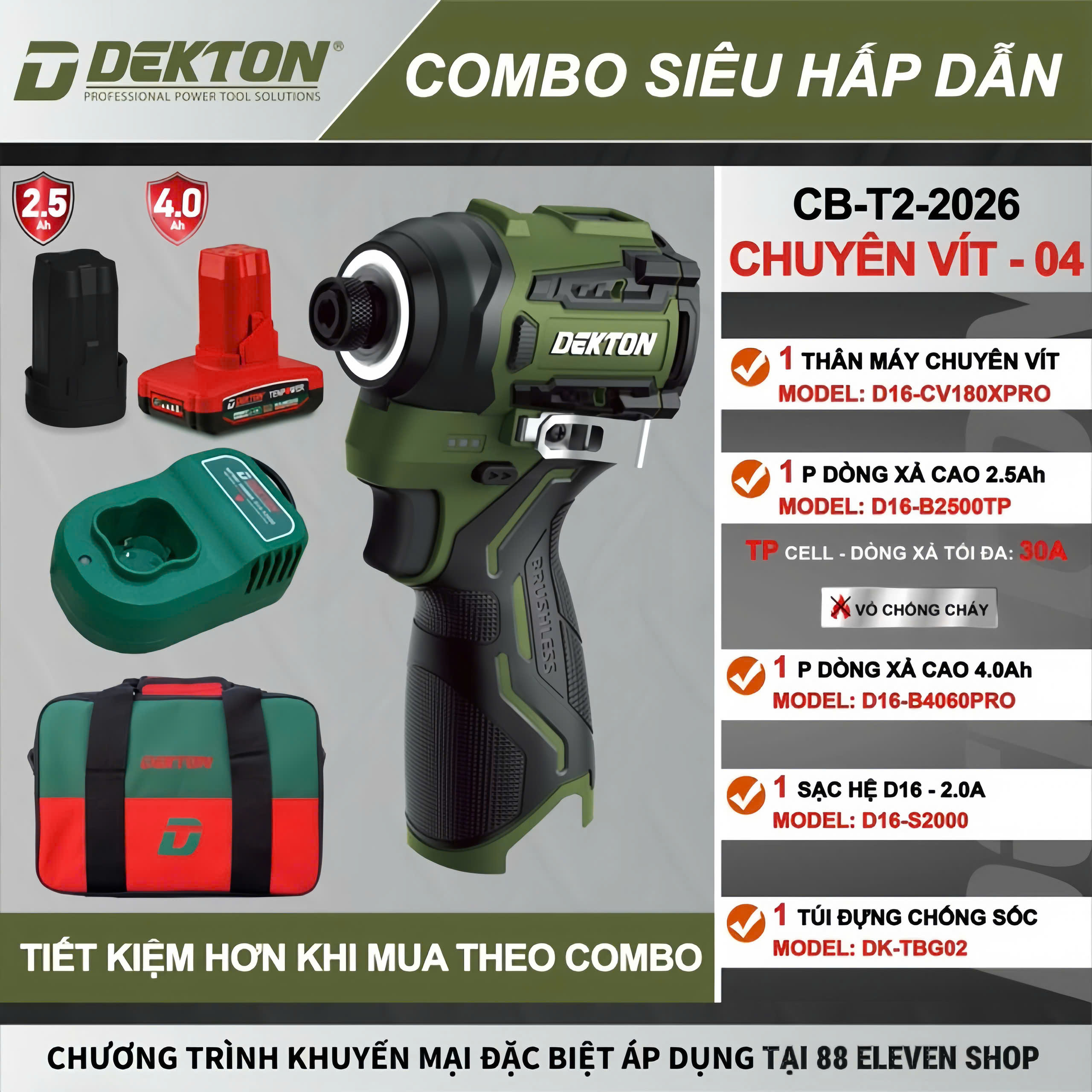 Combo Máy Vặn Vít 16V Dekton D16-CV180PRO