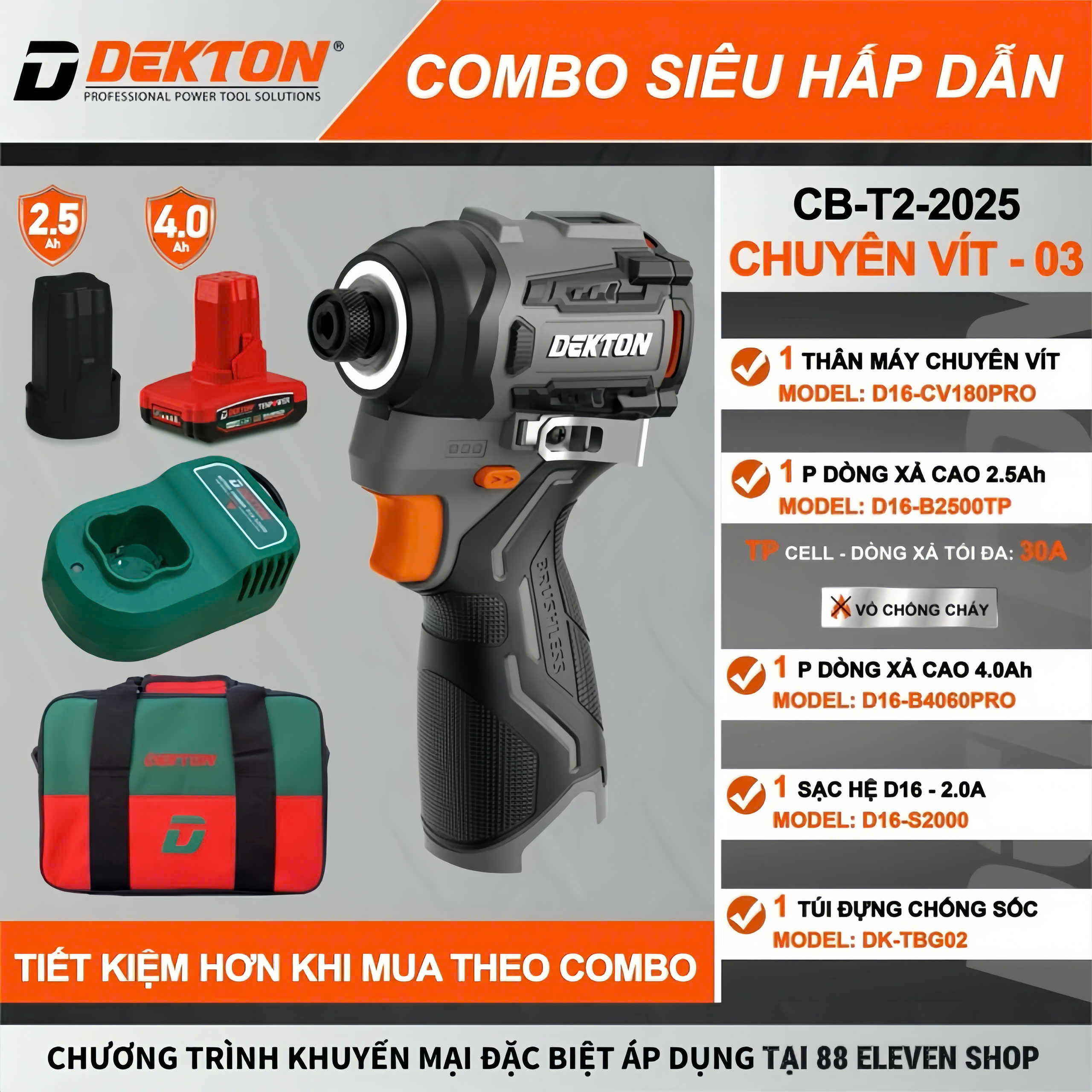 Combo Máy Vặn Vít 16V Dekton D16-CV180PRO