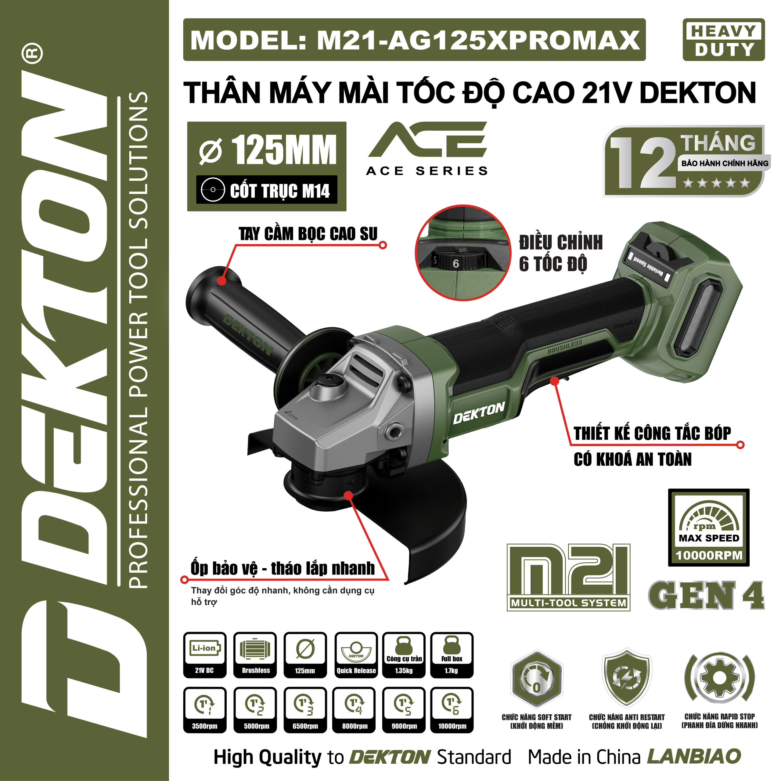 Thân Máy Mài Tốc Độ Cao 21V Dekton M21-AG125XPROMAX