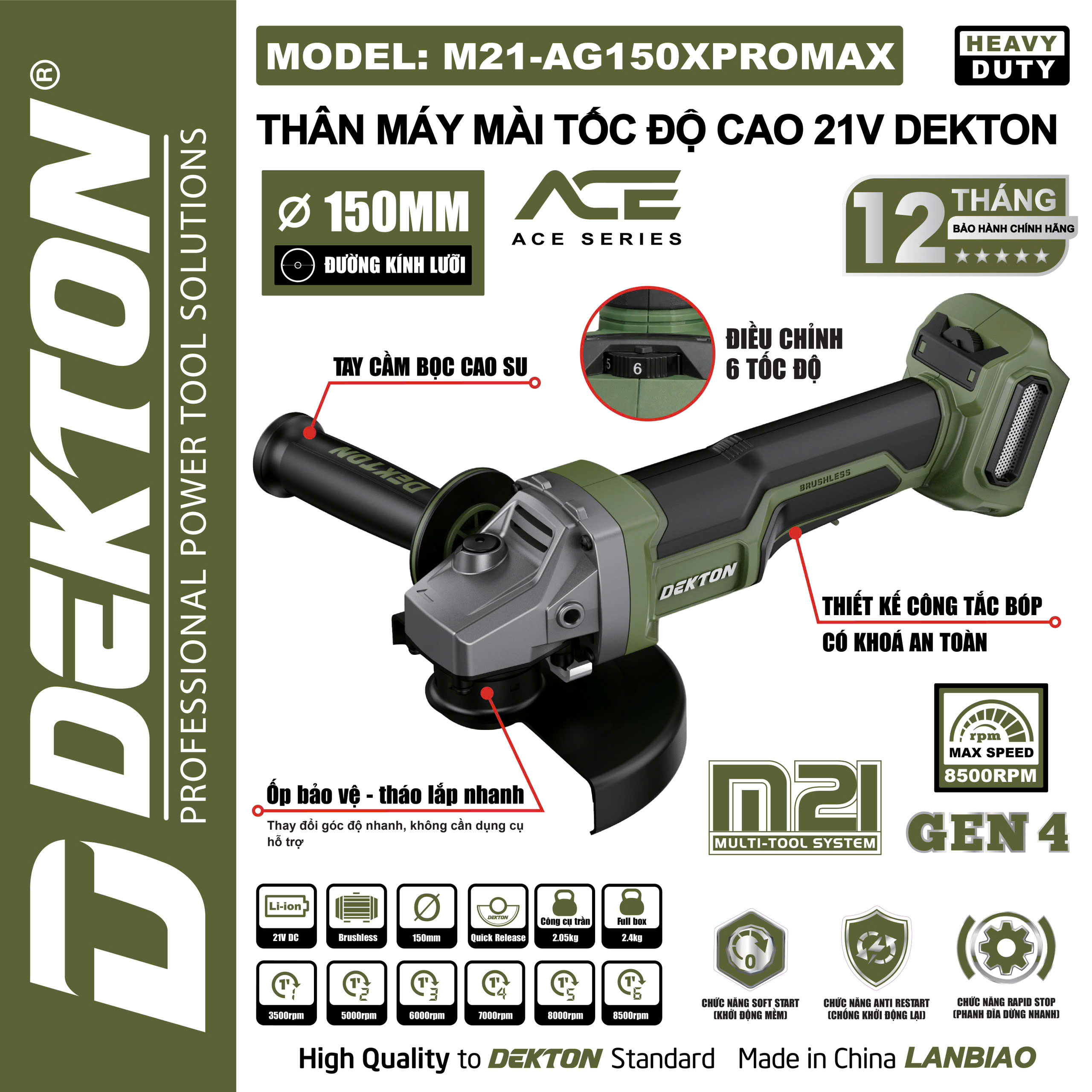 Thân Máy Mài Tốc Độ Cao 21V Dekton M21-AG150XPROMAX